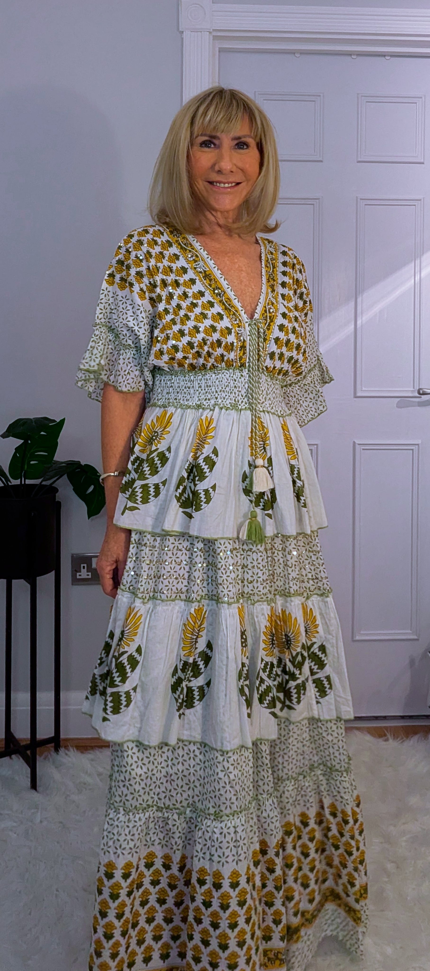 Santorini Bohemian Layered  Dress in White with Green and Gold Tassels