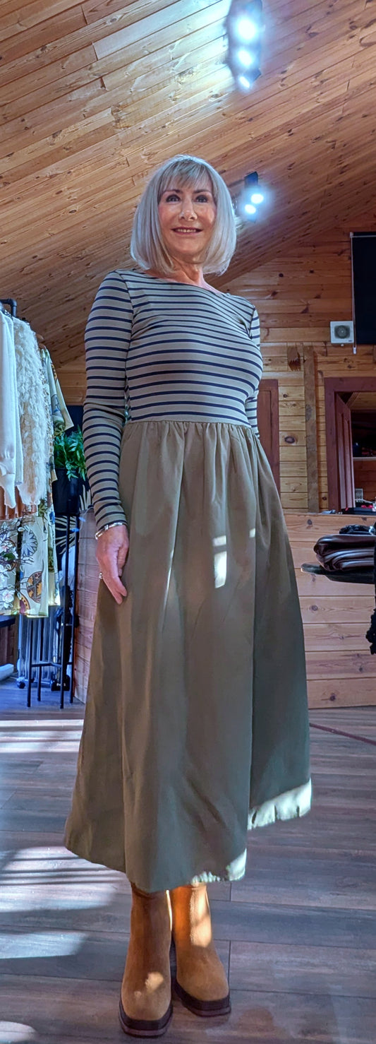 Olive Long Sleeve Stripe Midi Dress - Green Stripe
