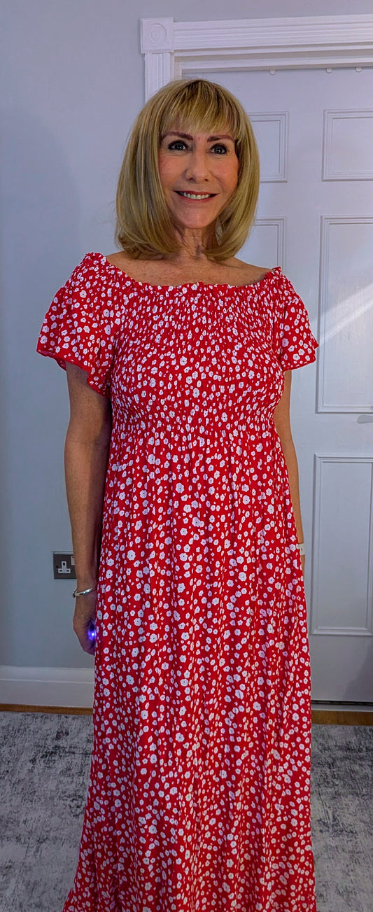 Red Lottie Dress  Ditsy Floral Shirred Maxi Dress on or  Off Shoulder Summer Dress