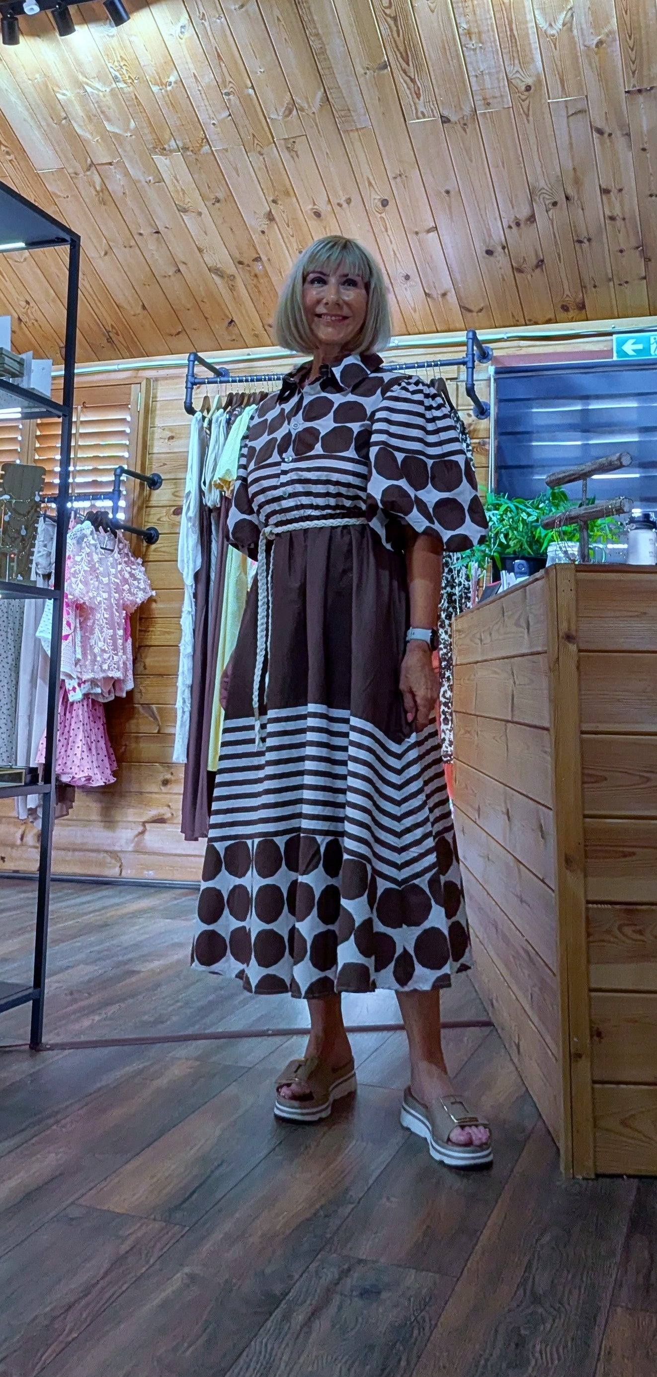 Striped cotton midi dress with tie belt and puff sleeves - UK