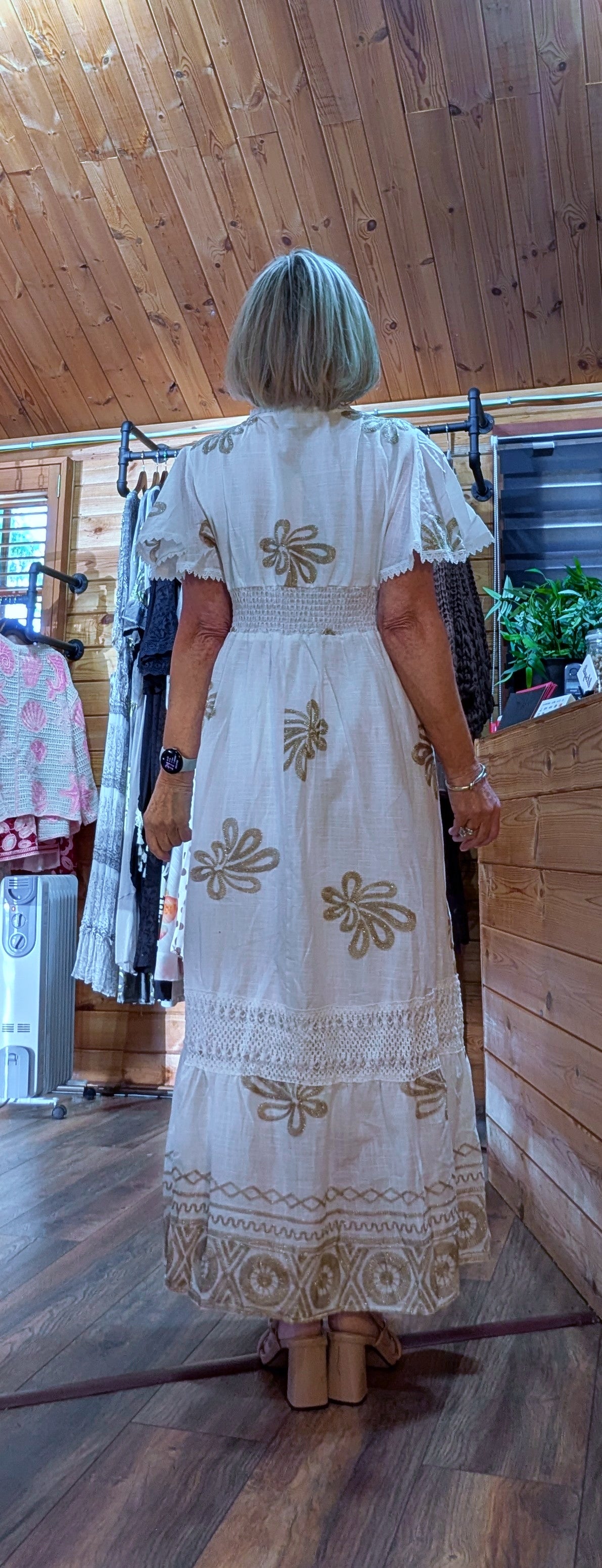 Trixiebelle White Cotton With Gold Embroidery Maxi Dress rear view