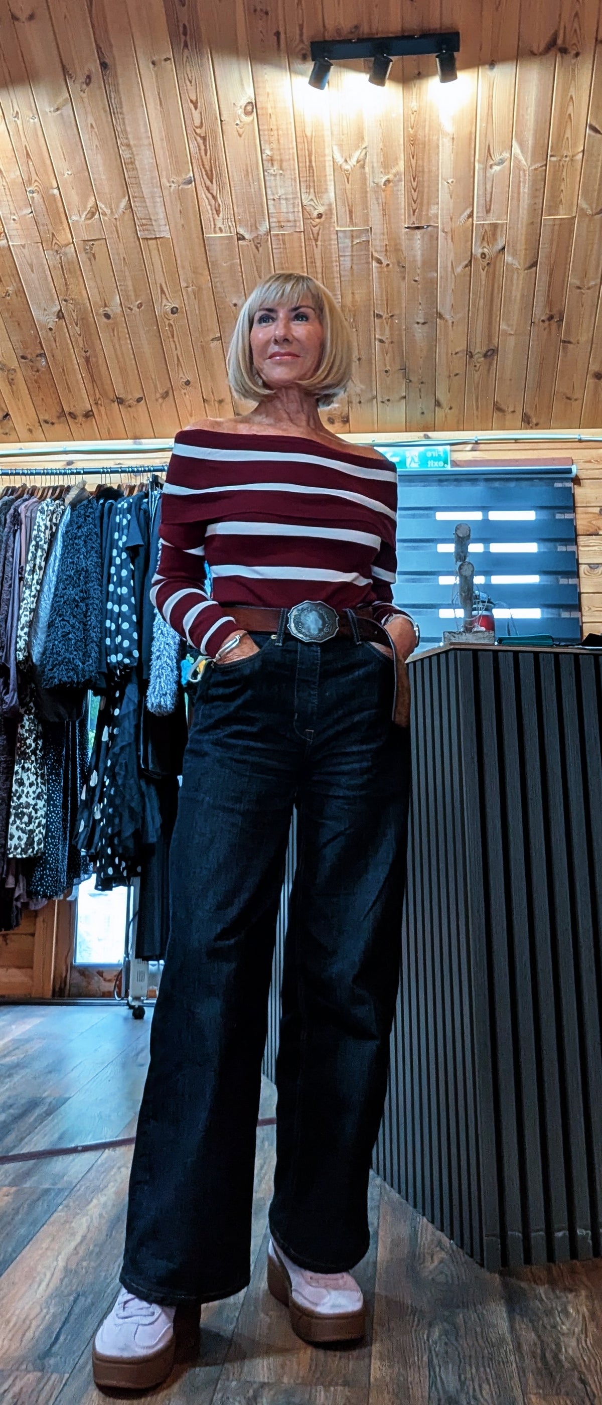 Wisty Bardot neckline knit top in navy and white stripe