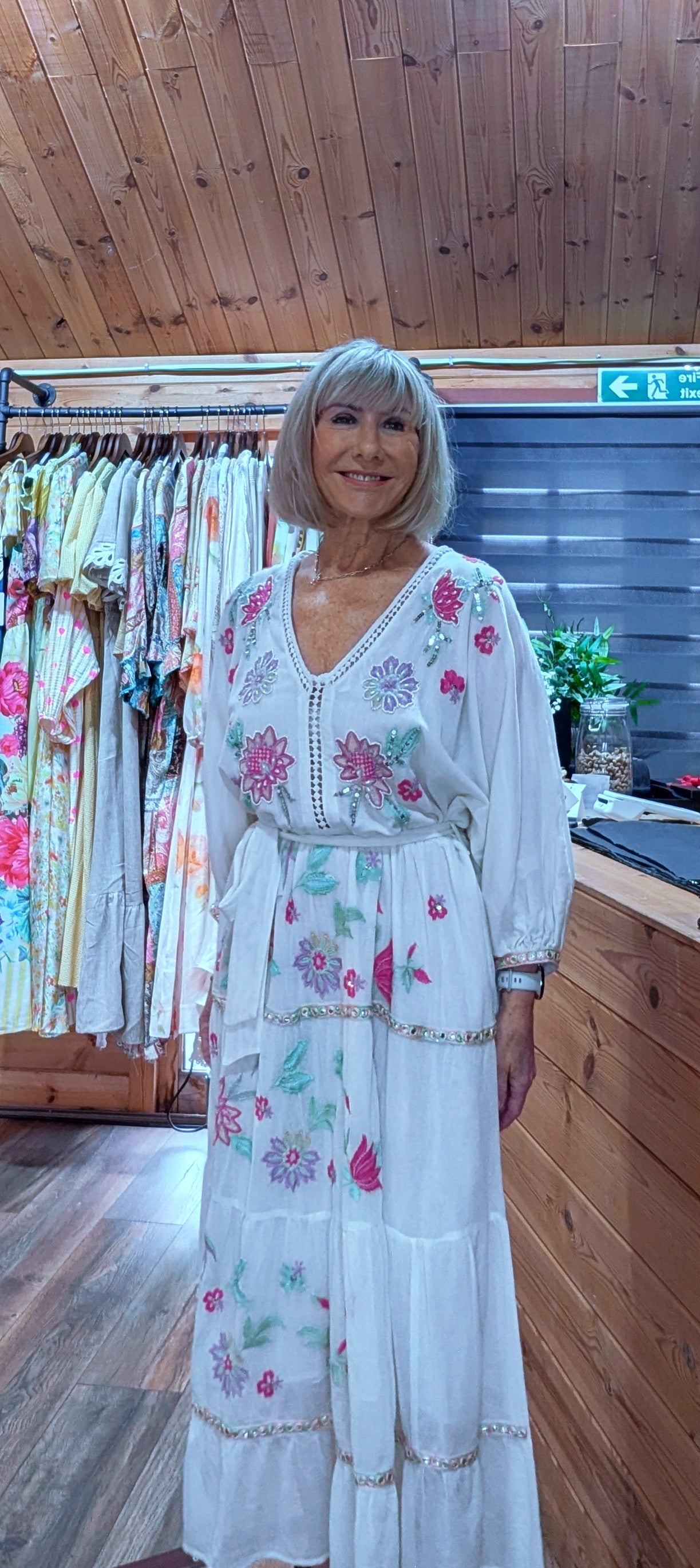 Close up view Darwin White Bohemian Dress with Floral Embroidery