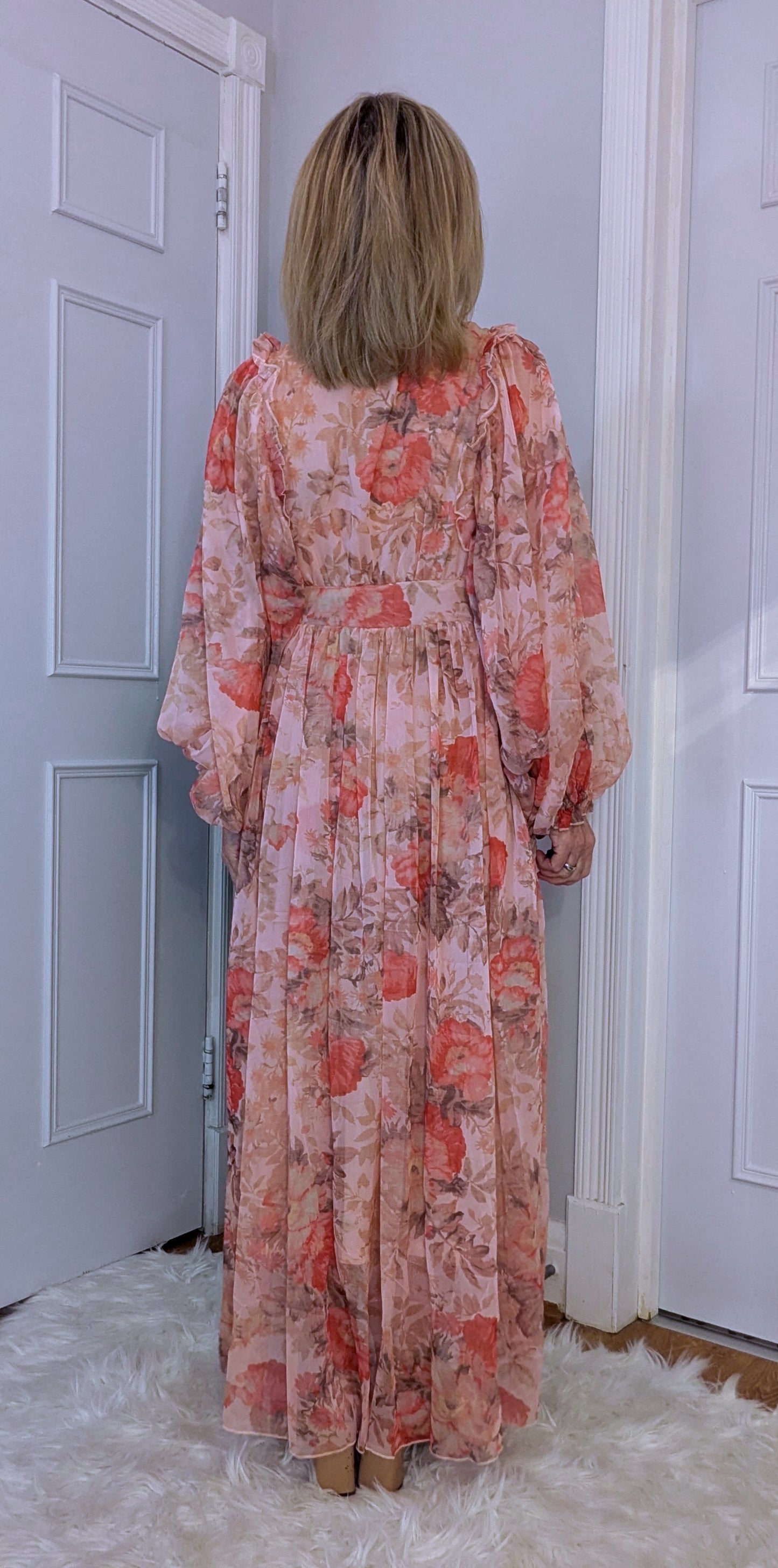 Tia Pink Floral Maxi Dress – Boho Chic with Balloon Sleeves