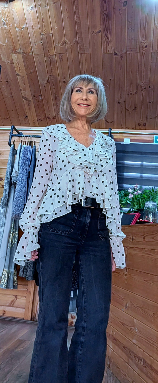 River Statement Frilled Blouse - Ivory with Black Polka Dots