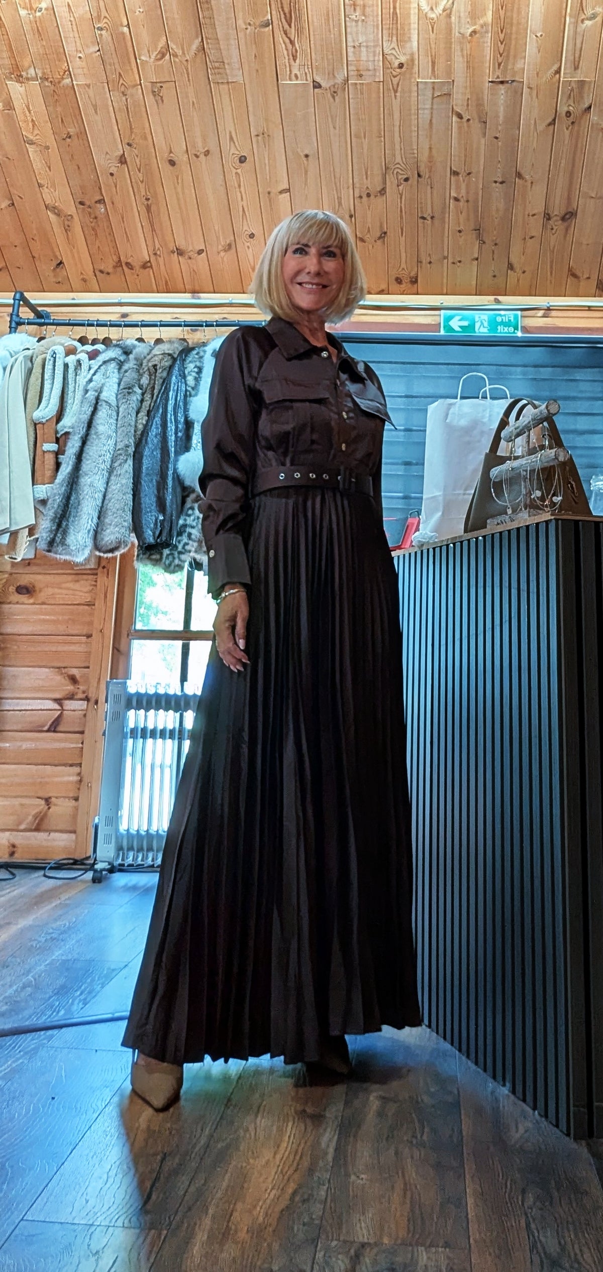 Meryl chocolate-brown pleated maxi shirt dress with coordinating eyelet belt
