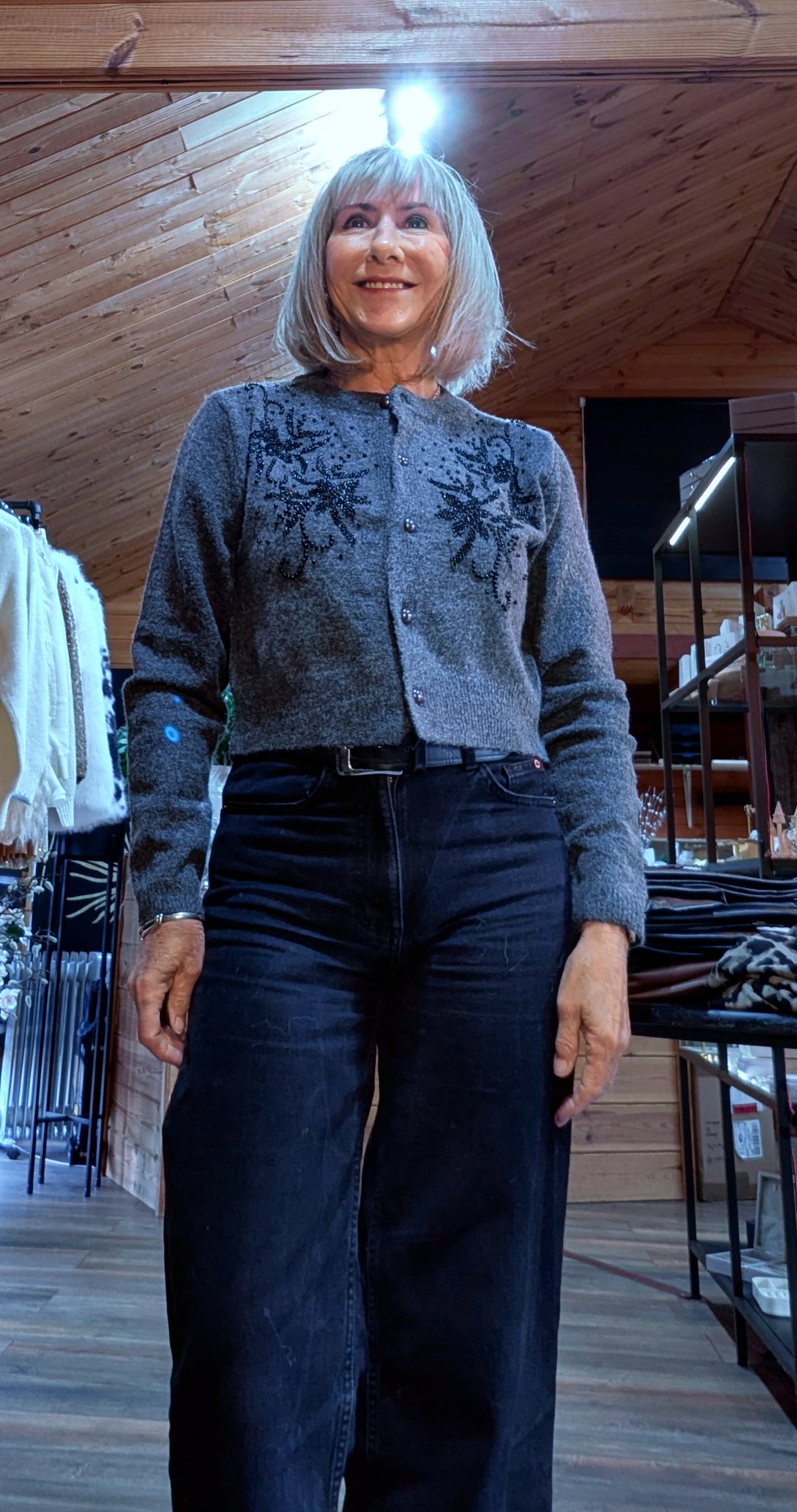 Sophie Charcoal Grey Cardigan – Black Beaded Floral Detail