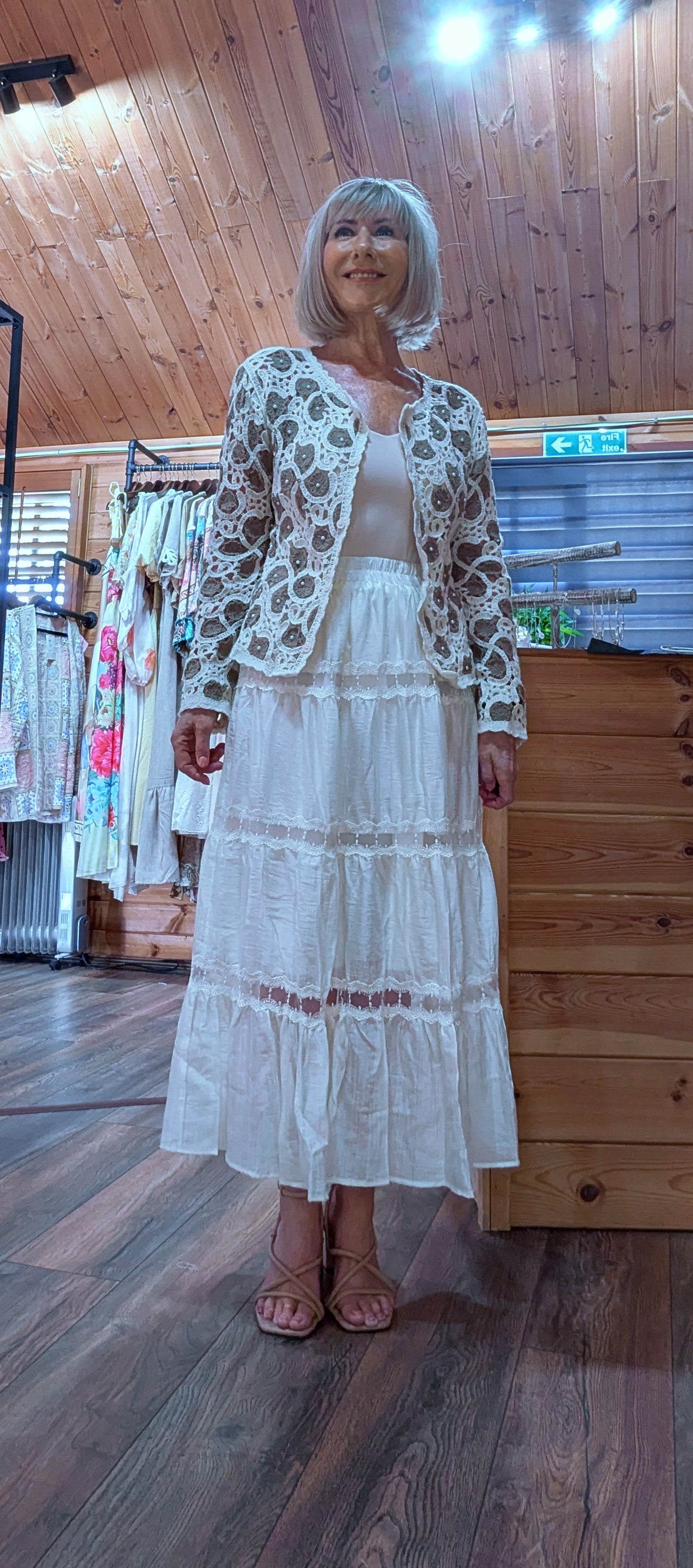 Romantic ivory cotton skirt with lace panel detail