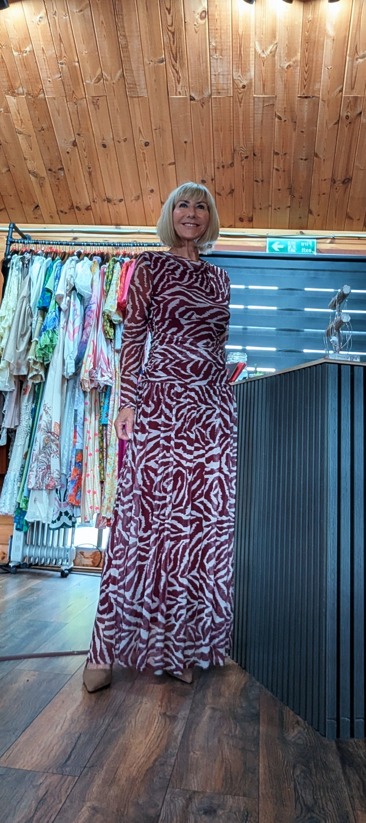 Burgundy animal print maxi dress for women with zebra print