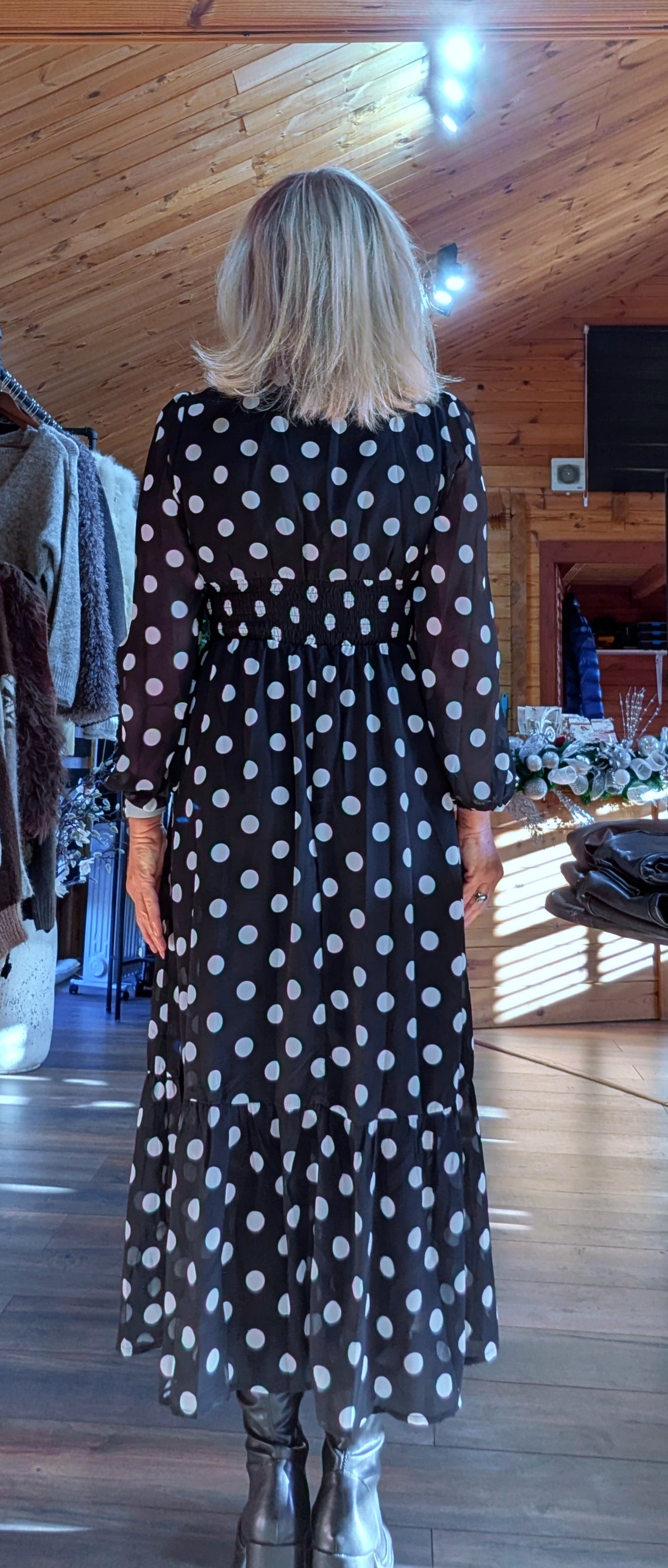 Hazel Polka Dot Print Lace Trim Long Sleeve Midi Dress In Black