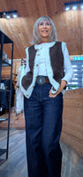 Colleen Sleeveless Cardigan – Cocoa with Ivory Border & Gold Buttons