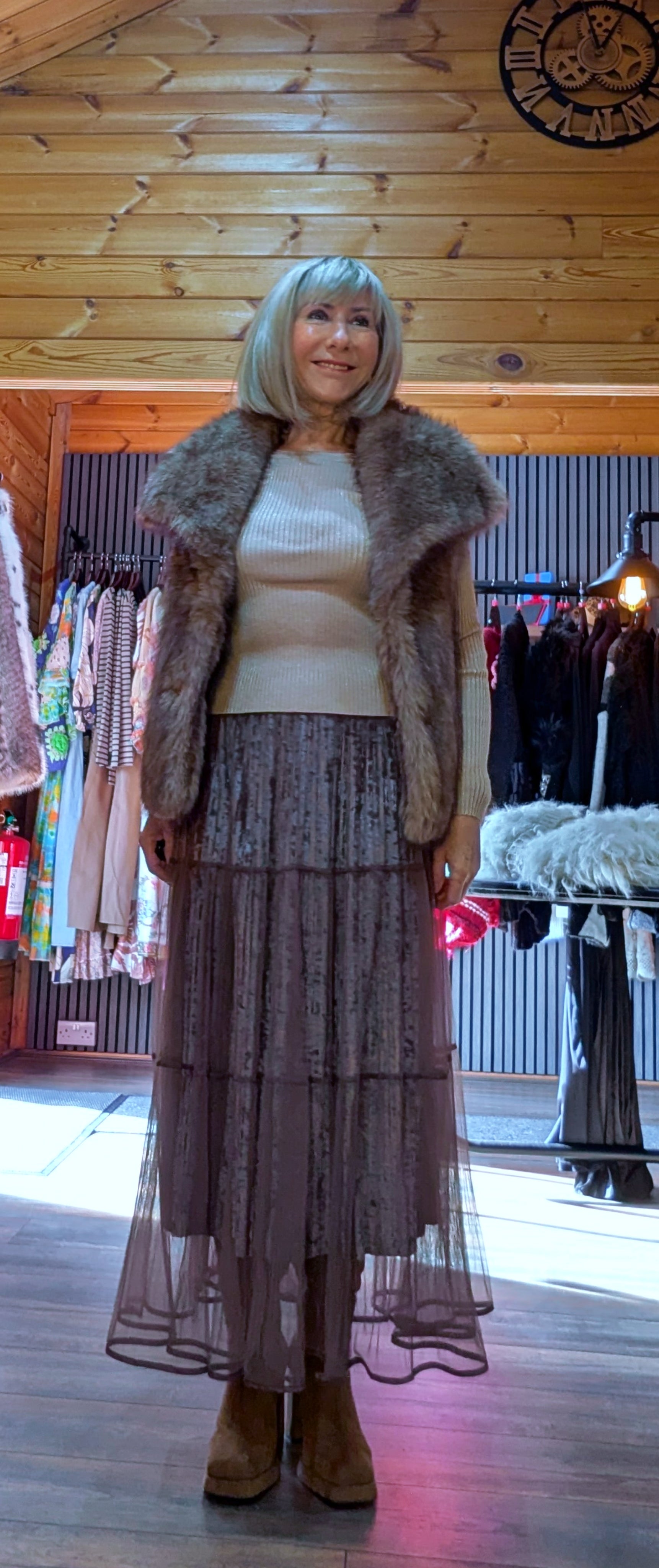Dressy Tiered Crepe Skirt – sheer ith full lining worn with  Coco Collared Faux Fur Gilet –Taupe