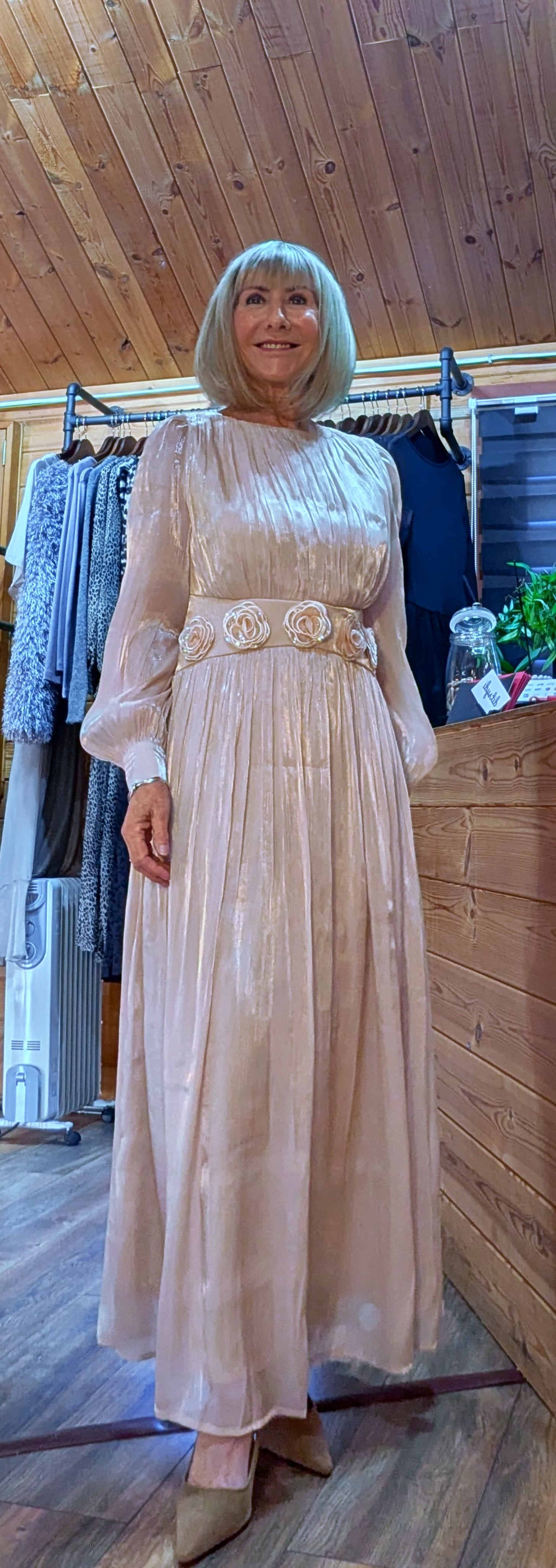 Carmel  Statement Dress –Soft Beige with Fitted Embossed Flowers