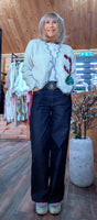 Misty Ivory Cardigan – Grey Piping & Embroidered Floral Detail