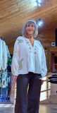 Bernadette Smocked Blouse– Ivory -Green - Embroidery