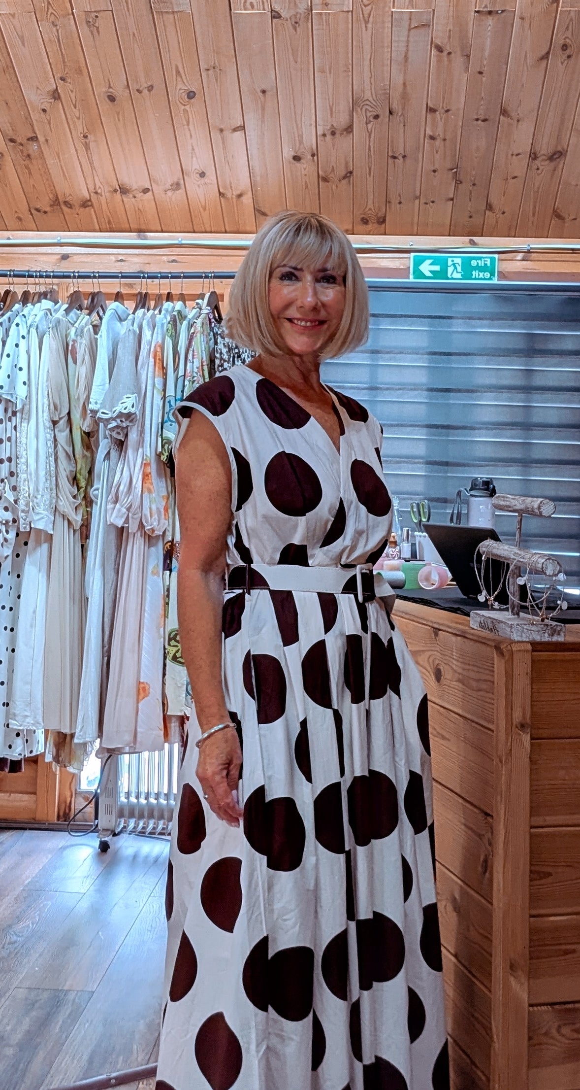 Hilary Polka Dot Belted Maxi Dress – Cream & Brown