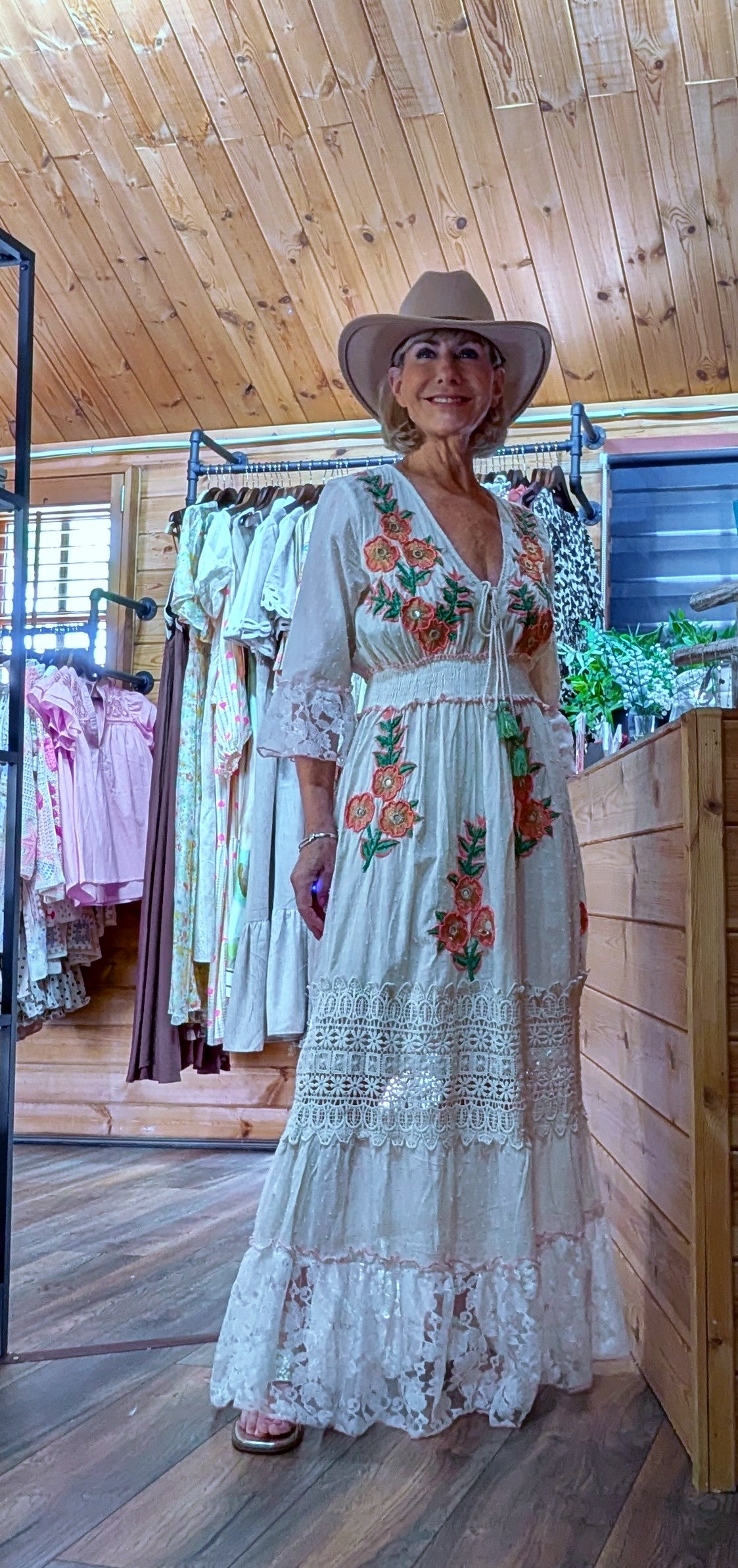 Summer boho outfit with maxi embroidery dress and cowboy hat