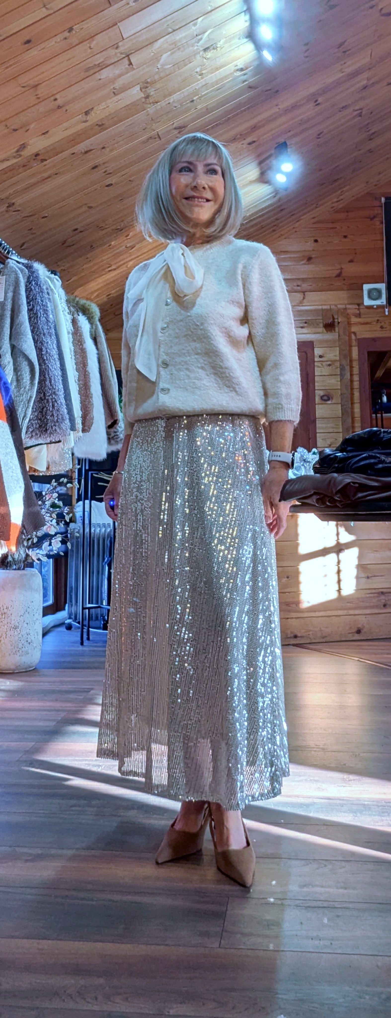 Cher Gold Bias Cut Midi Sequin Skirt