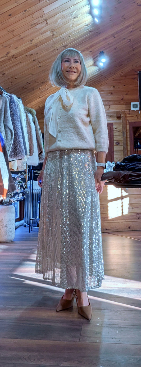 Cher Gold Bias Cut Midi Sequin Skirt
