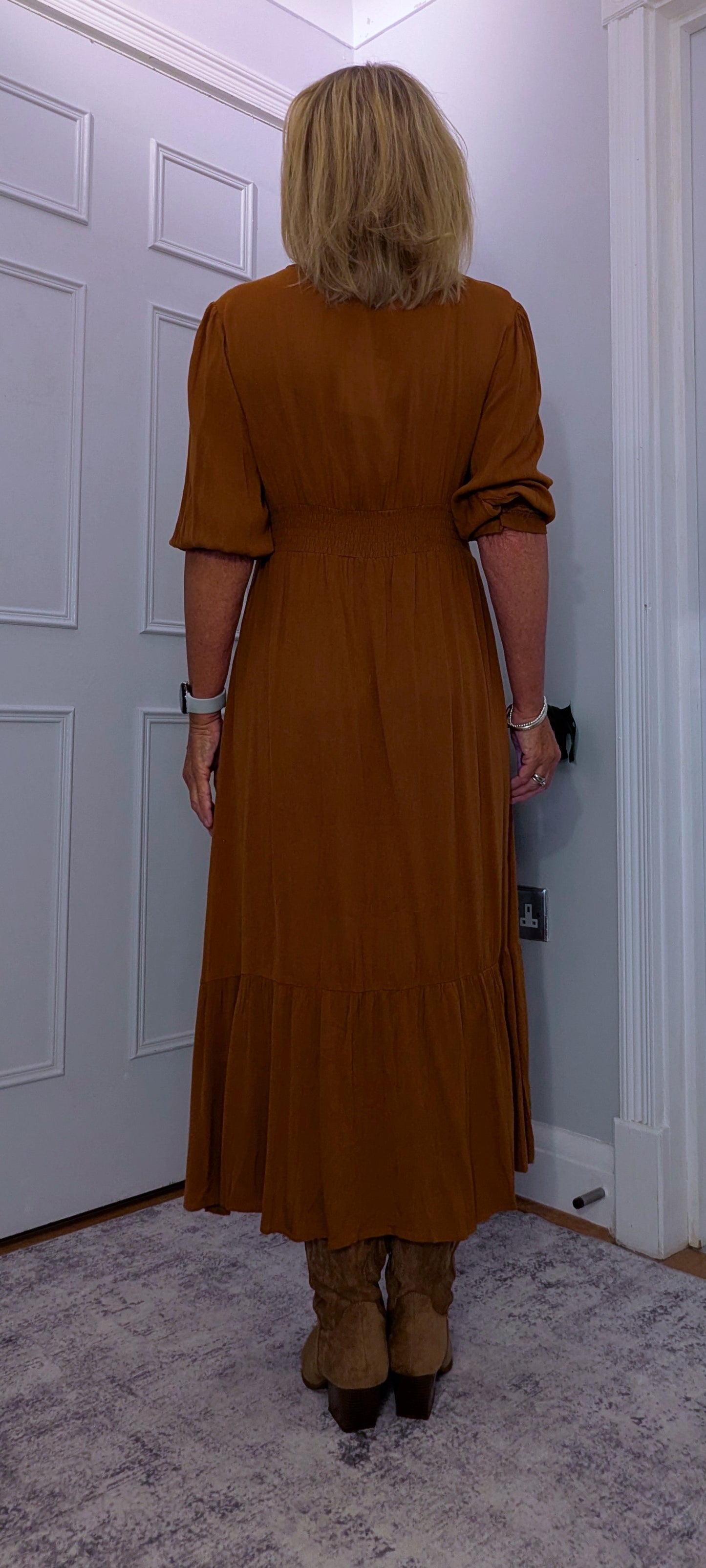 Paloma Prairie Smock Dress In Rust  Cotton with Embroidery Detail