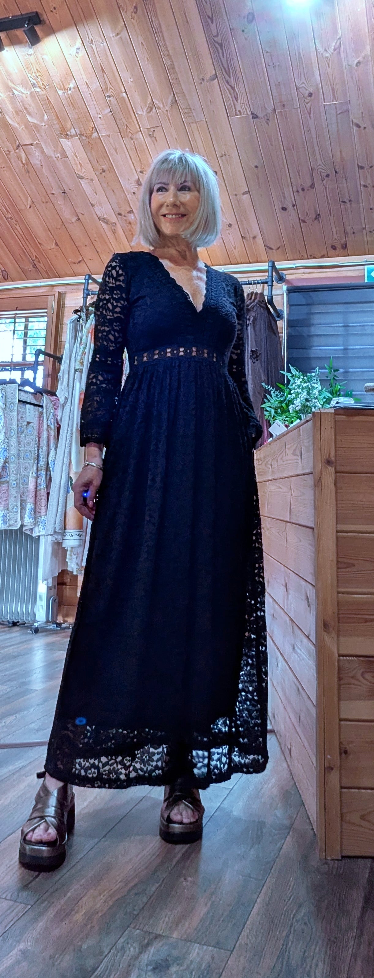 Pearl Lace Dress – Black Boho Style with Pagoda Sleeves V-Neckline