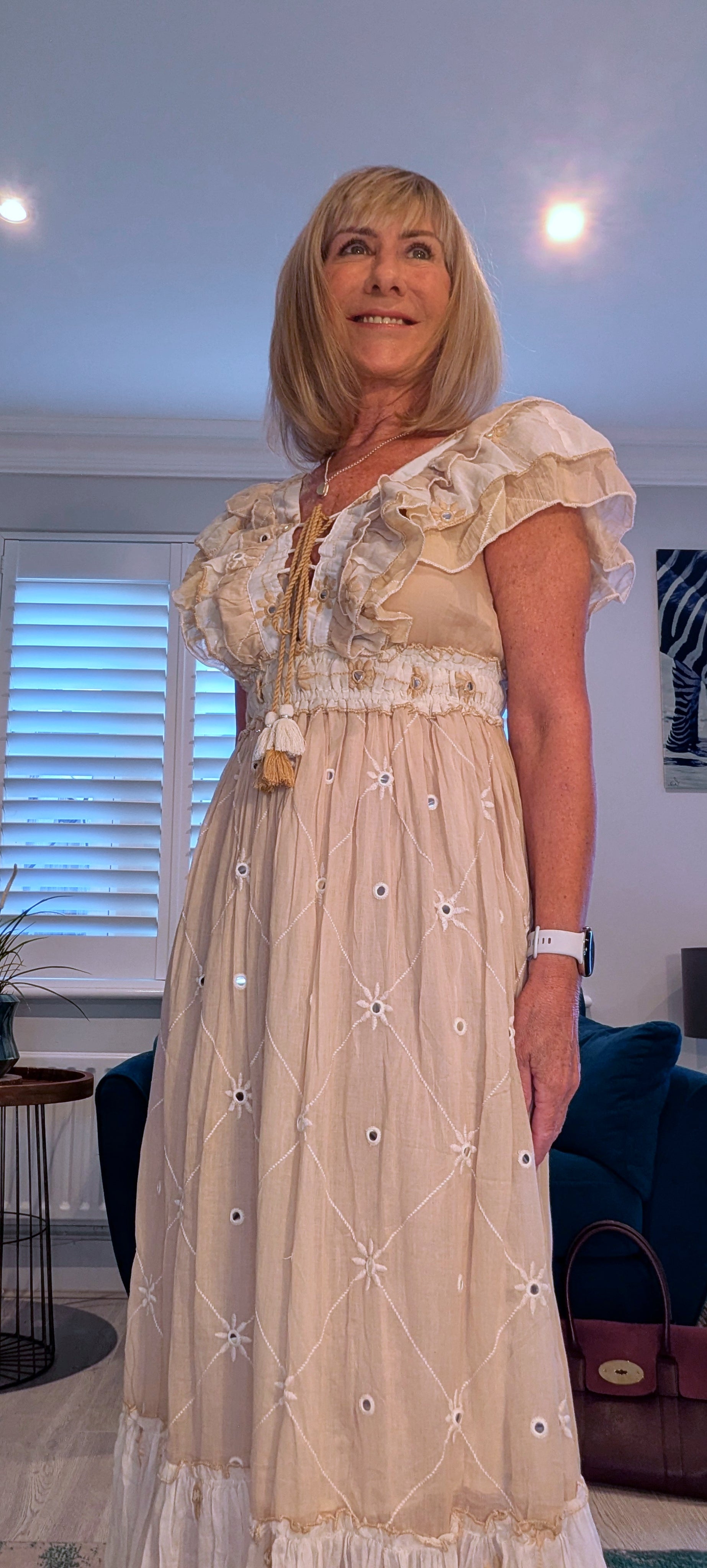 Thea Bohemian Dress in Cream and White with Tassels