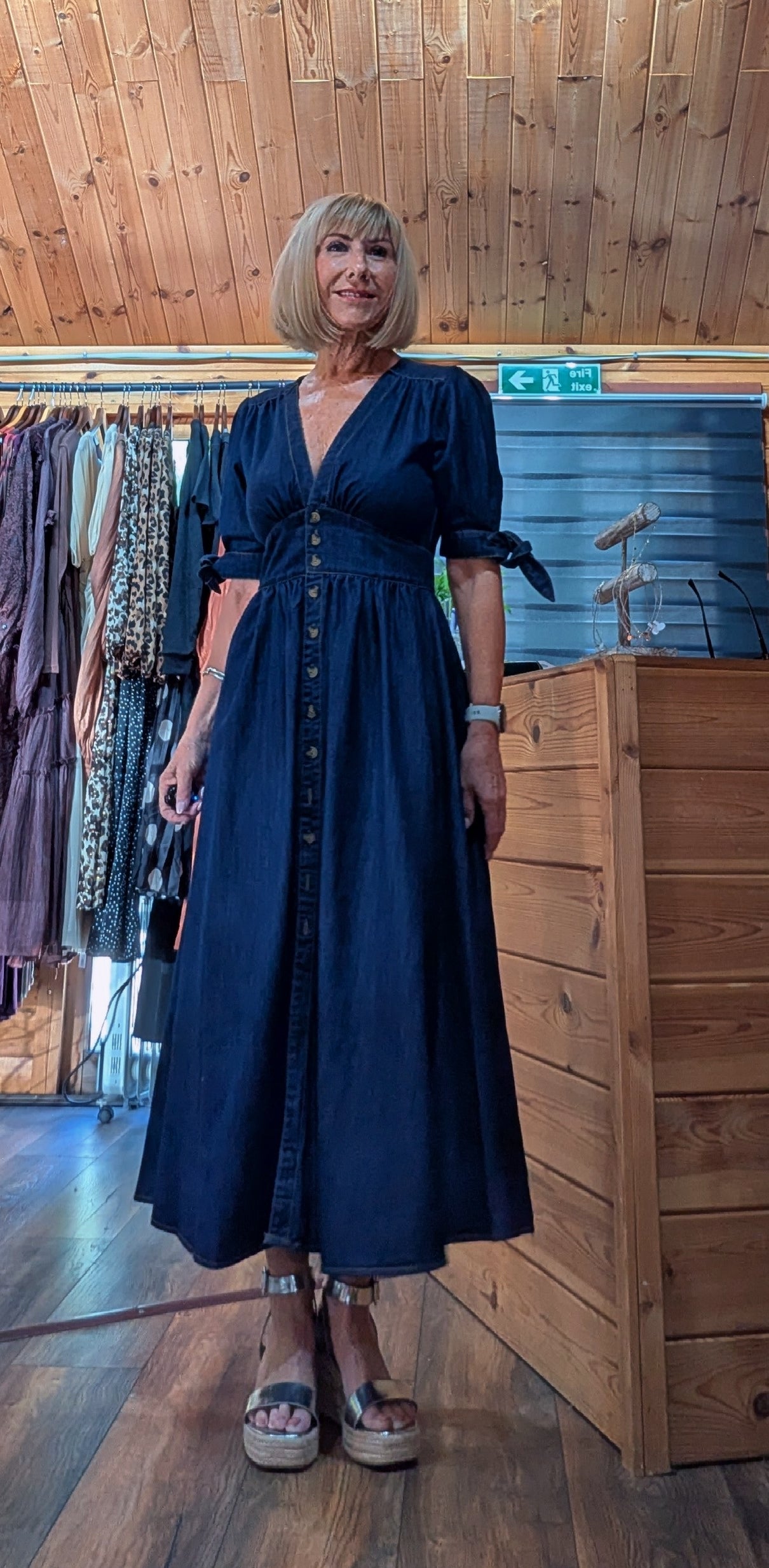 Binty Denim Midi cottage core dress with button up front worn by ditsydi