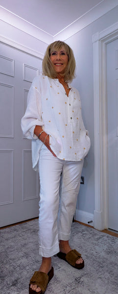 Daryl Cotton Blouse – White with Gold Embroidered Flowers