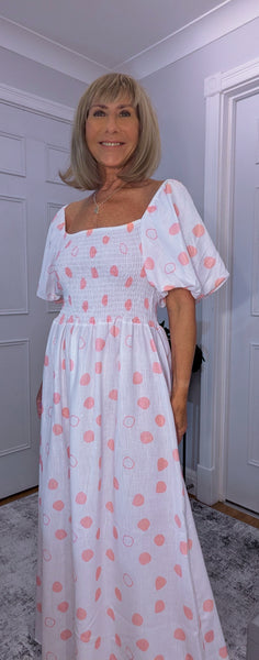Candy Off - Shoulder Puff Sleeve Dress with  Shirred Bust
