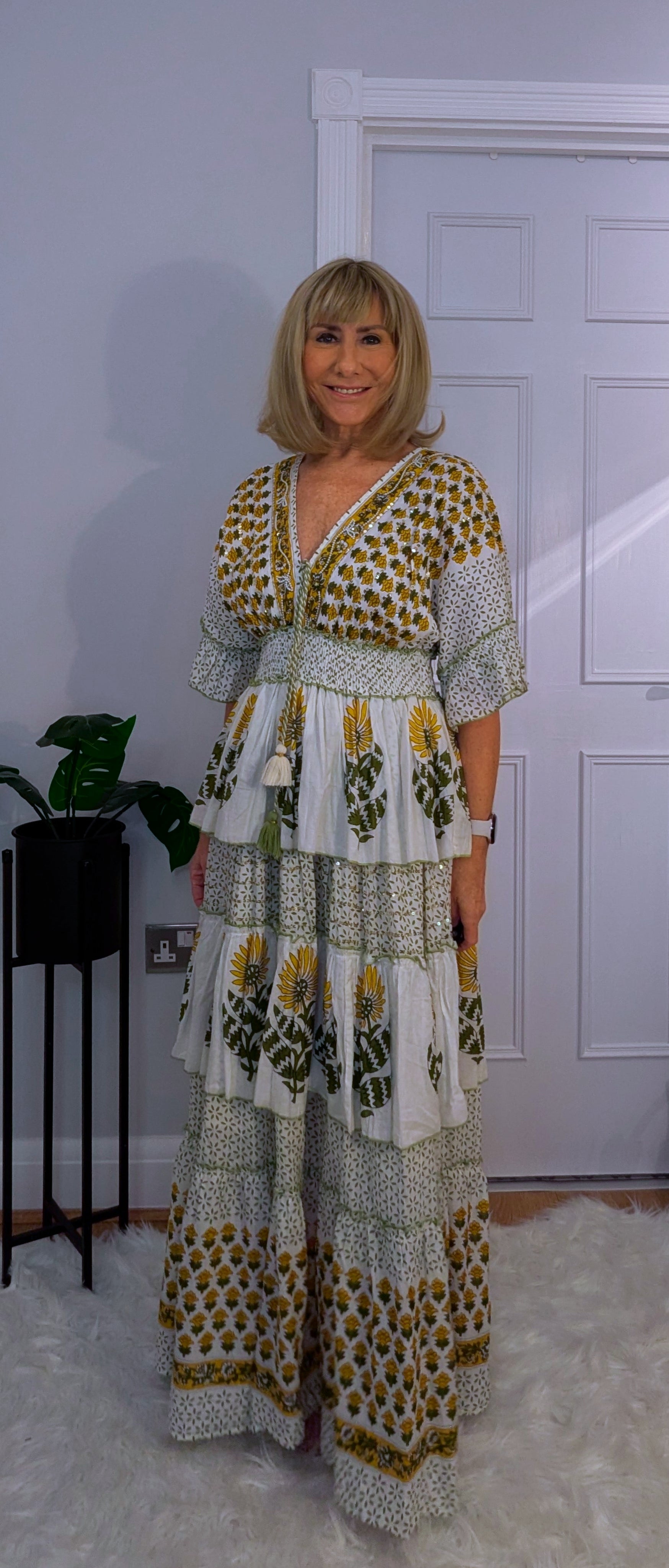 Santorini Bohemian Layered  Dress in White with Green and Gold Tassels