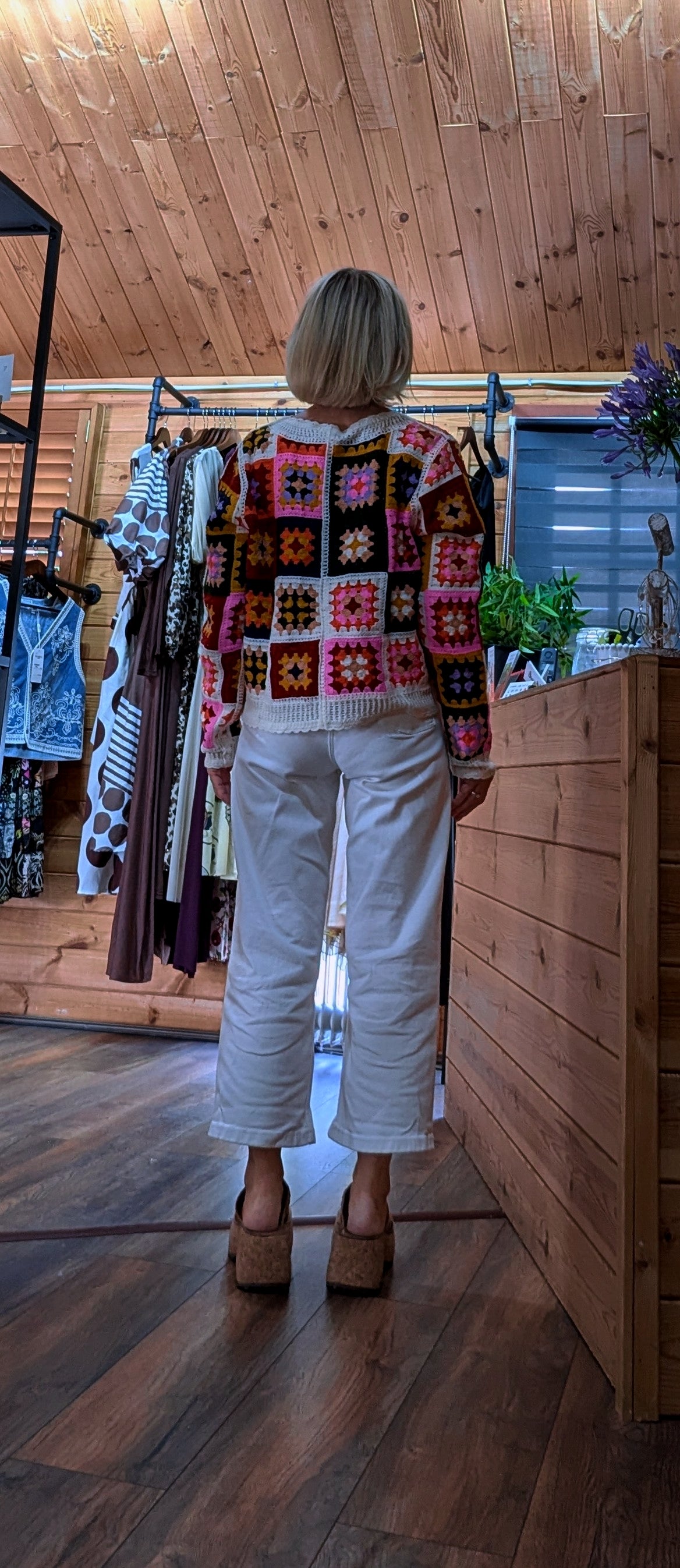 Rear view of Tara crochet cardigan styled by ditsydi