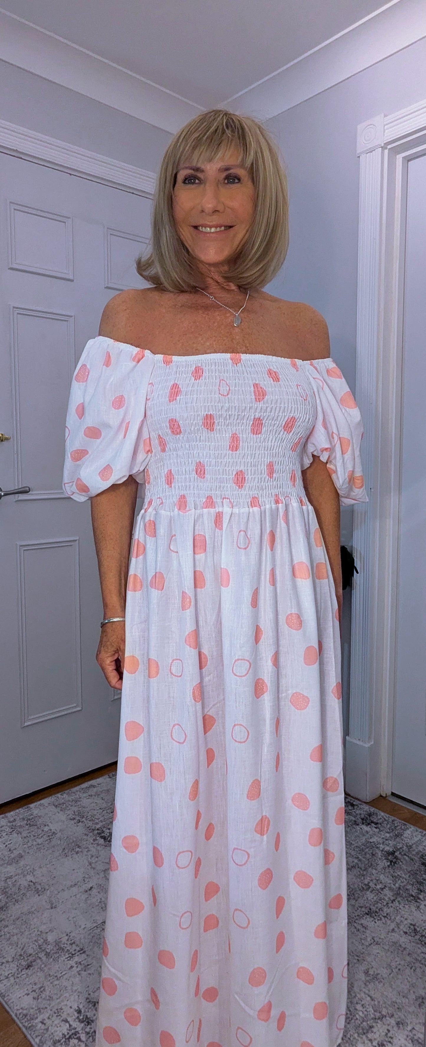 Candy On or Off - Shoulder Puff Sleeve Dress with  Shirred Bust