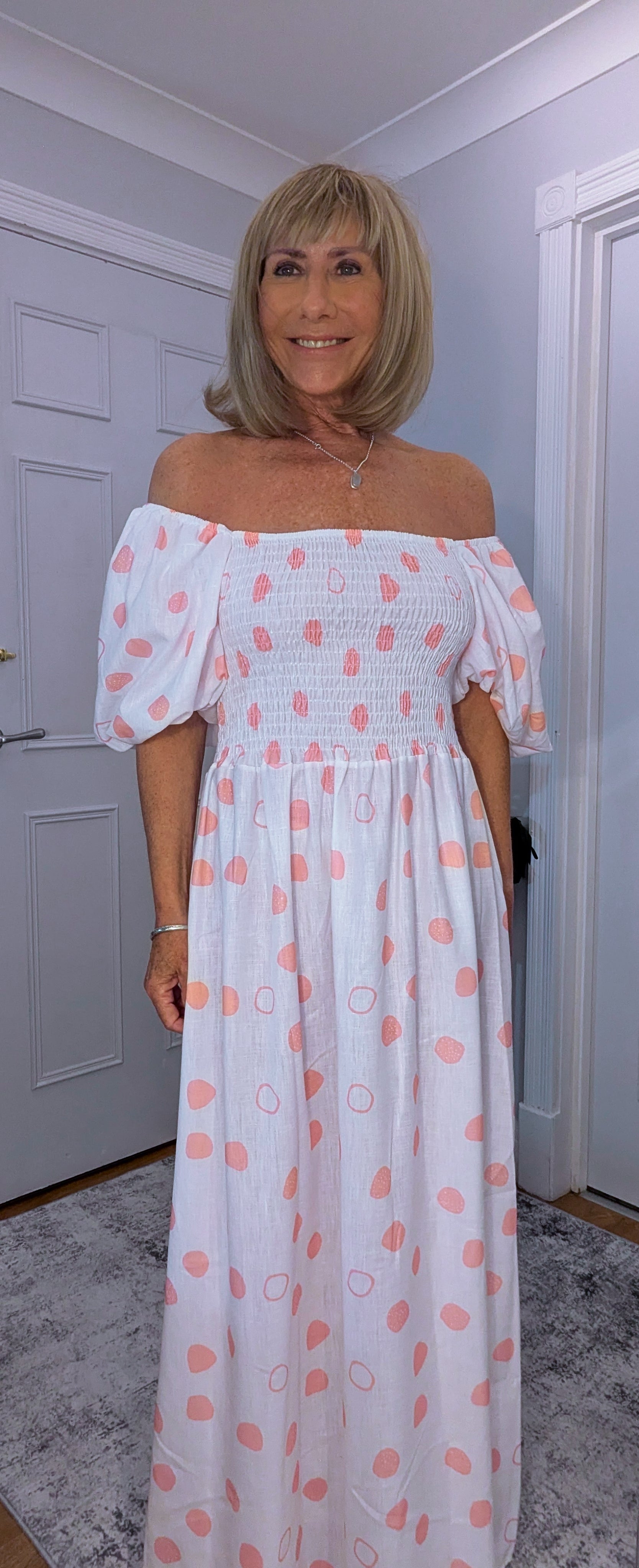 Candy On or Off - Shoulder Puff Sleeve Dress with  Shirred Bust