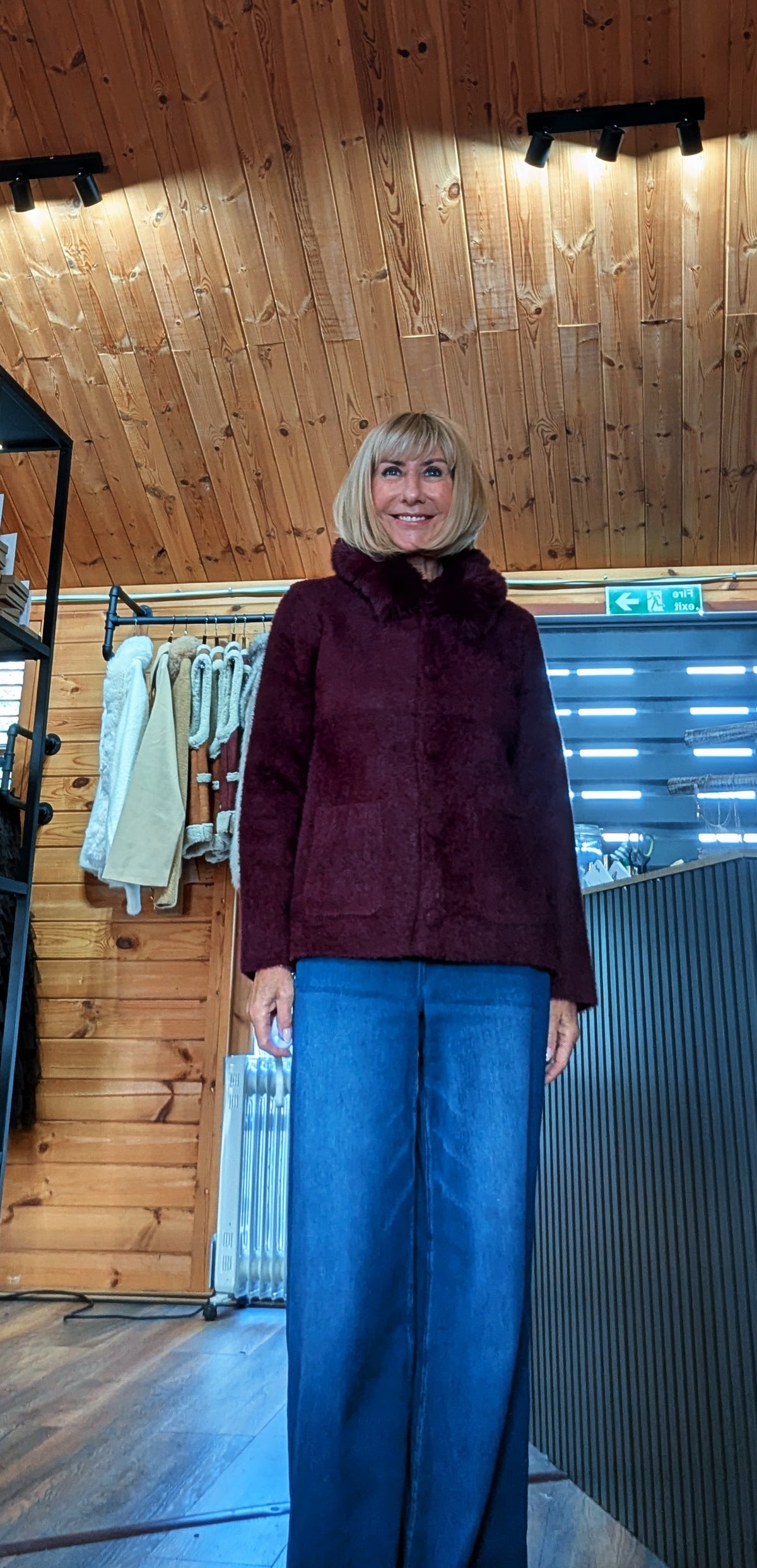 Amaryllis burgundy cardigan with faux fur collar