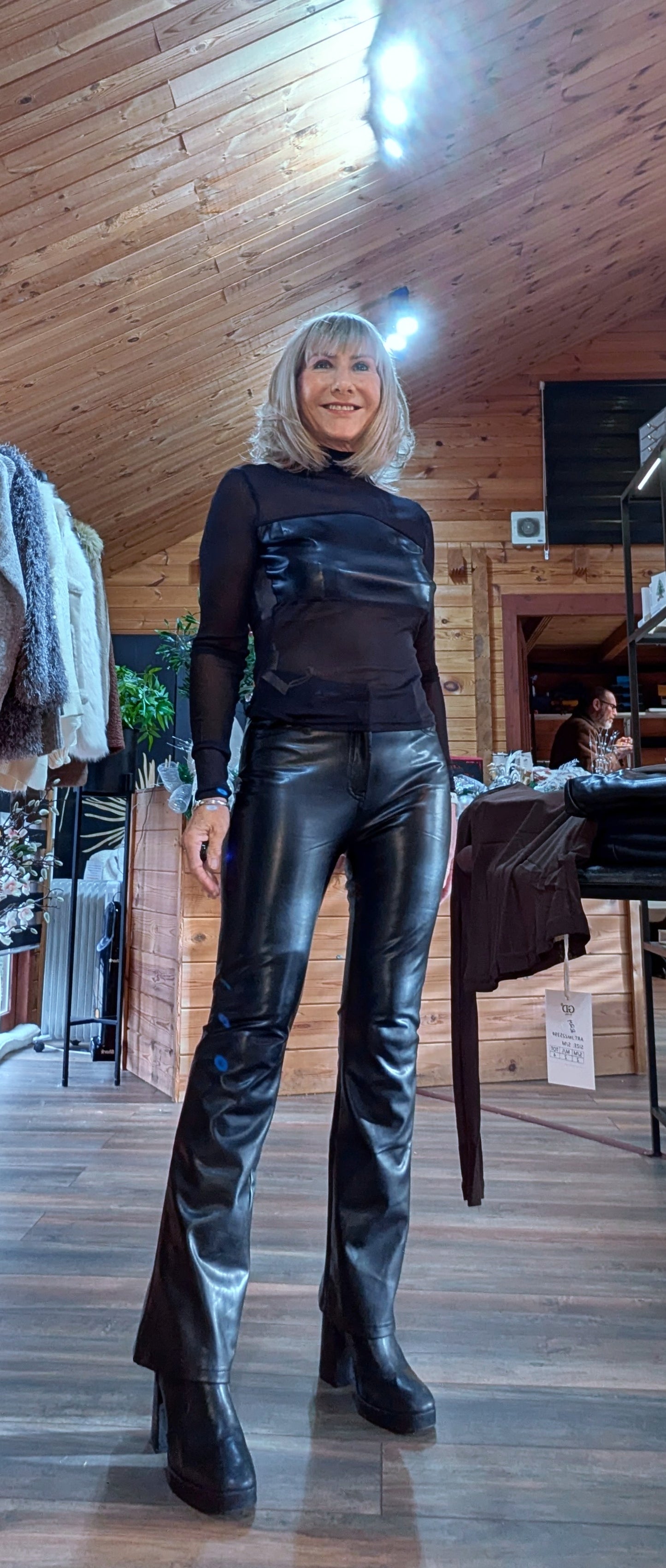 Marla Sheer Fitted Top – Faux Leather Bust Panel - High Neck- Black or Chocolate