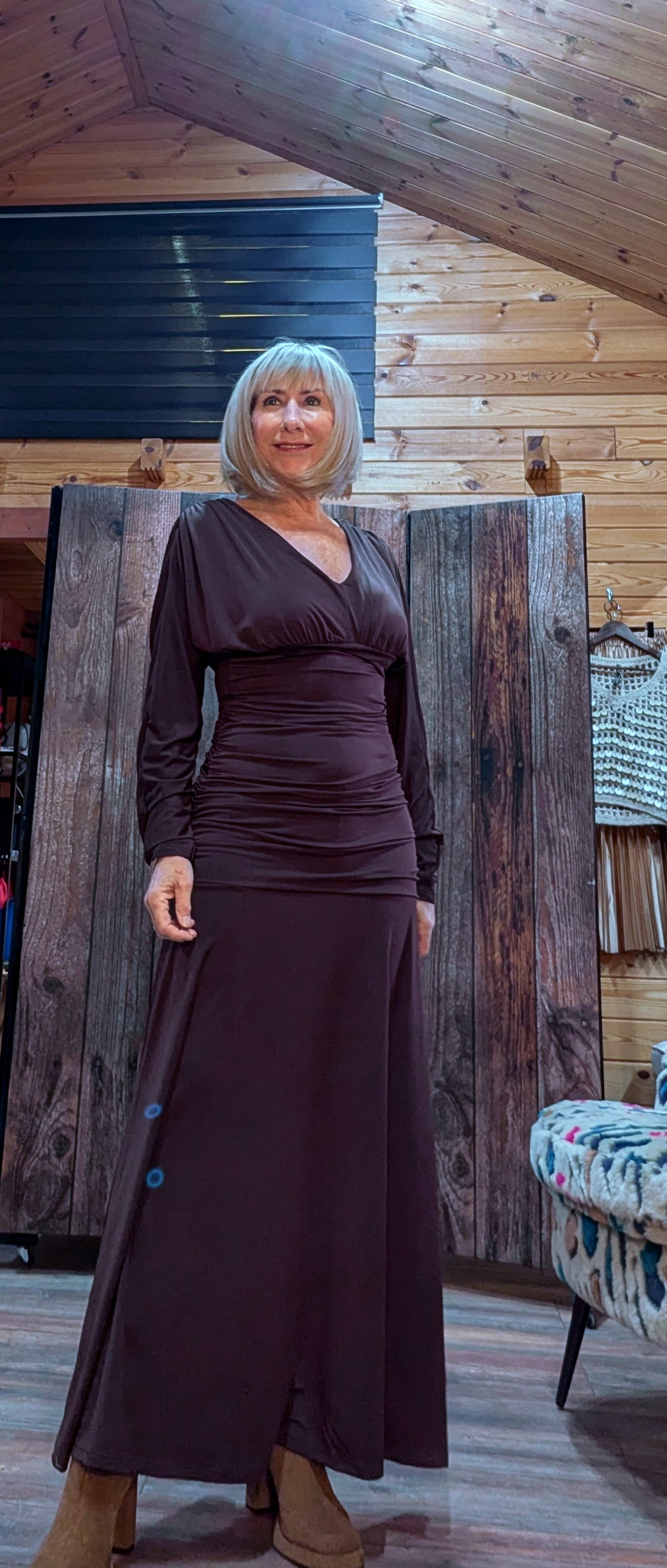 Aspen Ruched Dress – Autumnal Rust with Drop Waist  Slash Neck
