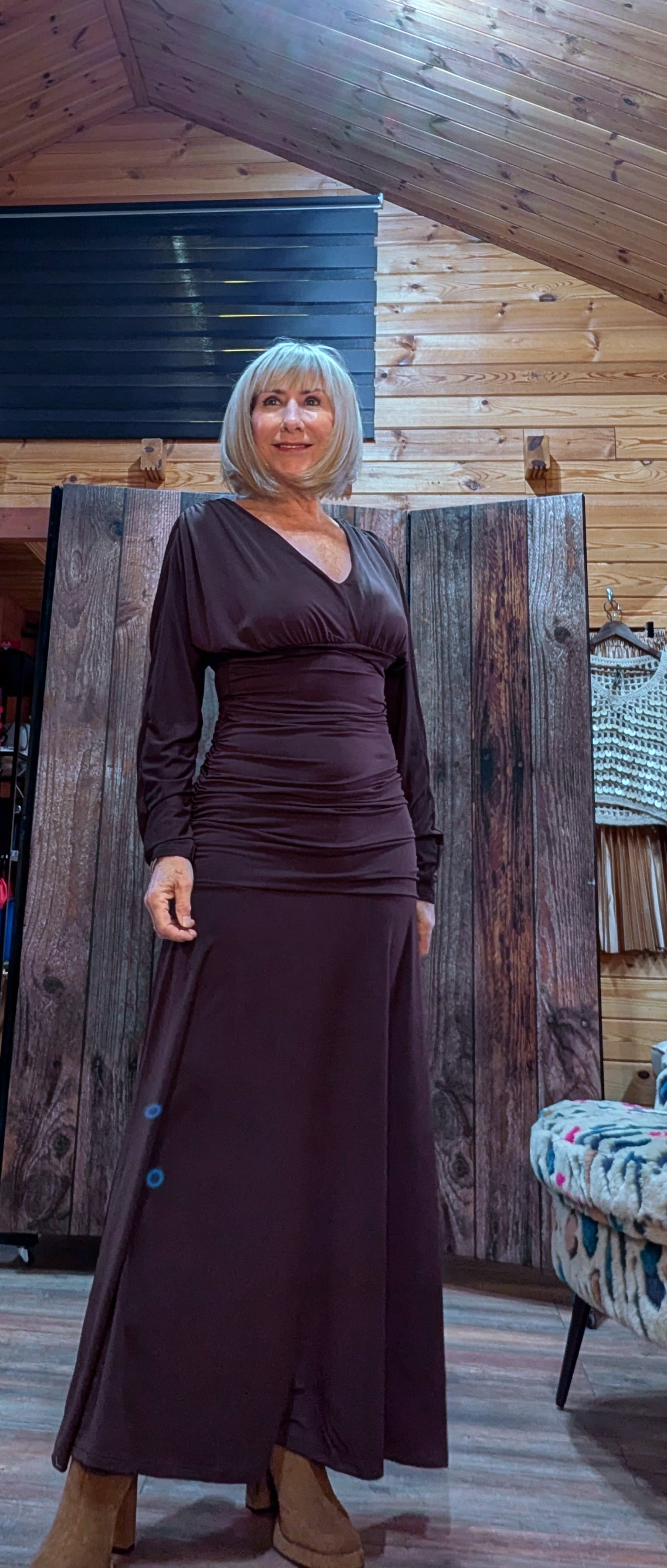 Aspen Ruched Dress – Autumnal Rust with Drop Waist  Slash Neck