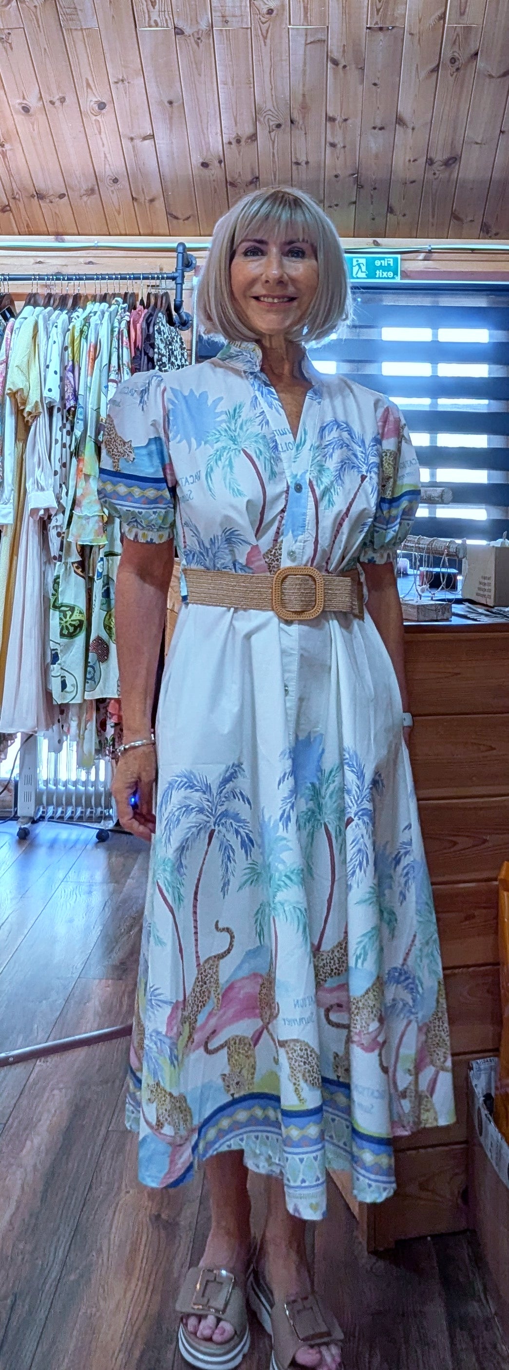 Cassia Printed Cotton Midi Dress with puff sleeves and high neck