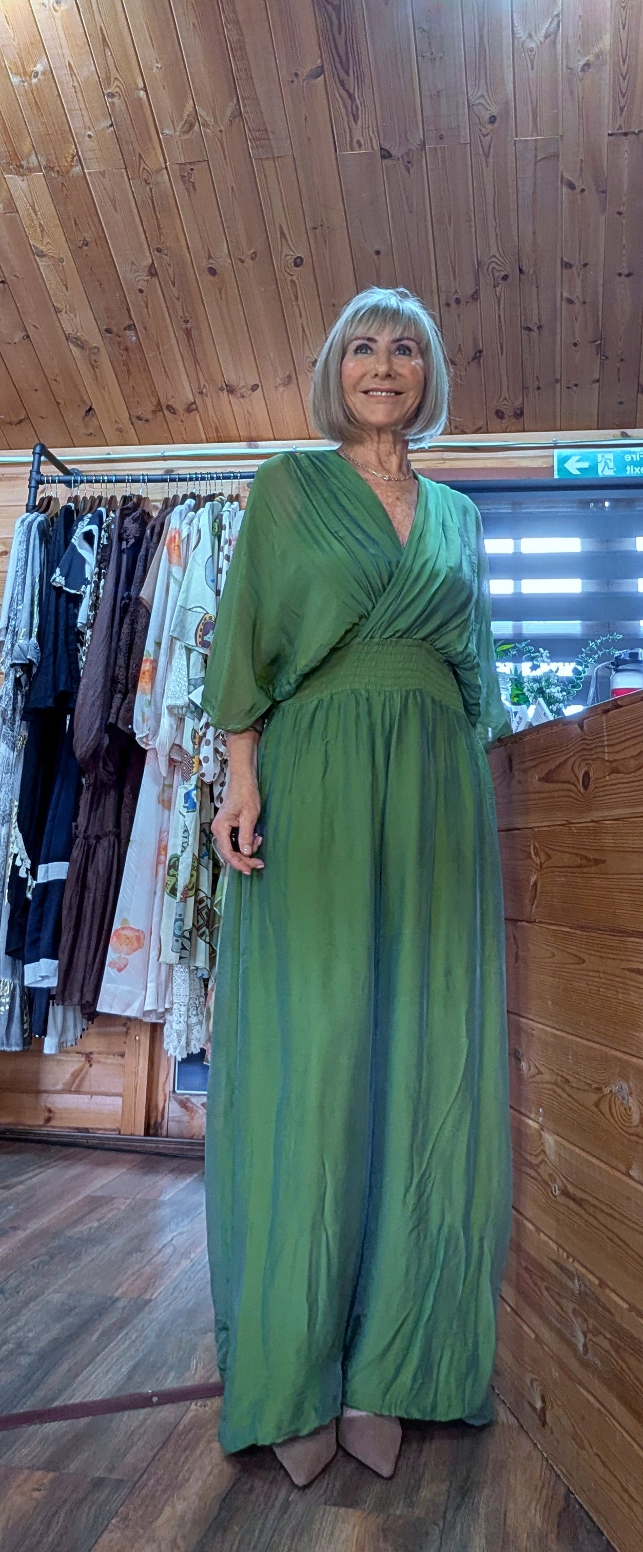 Josie Silk Blend  Jumpsuit – Olive Green
