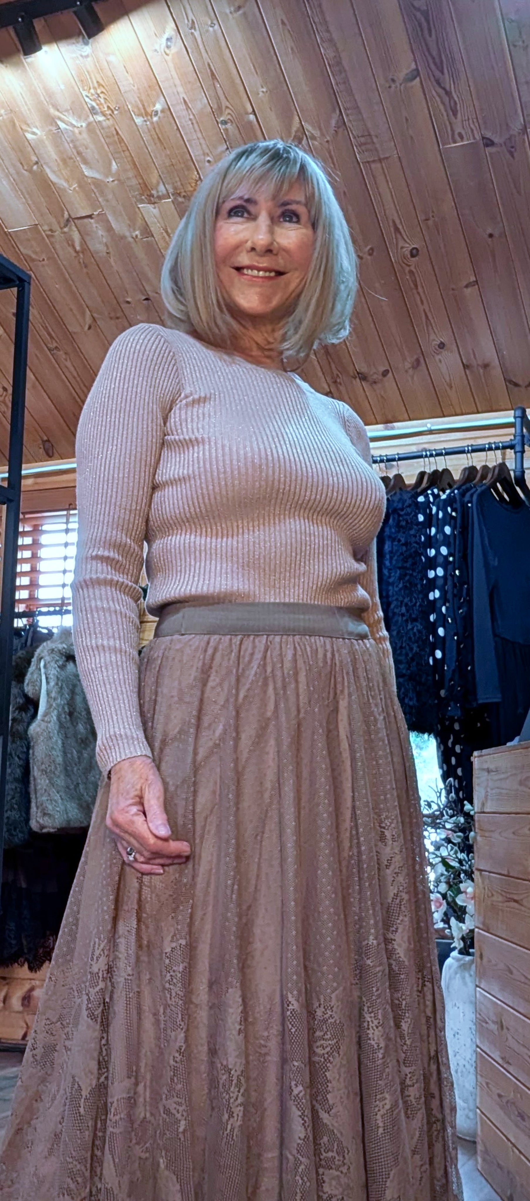 
Rula Crew -Neck Fitted Sweater – Soft Knit with Gold Shimmer
