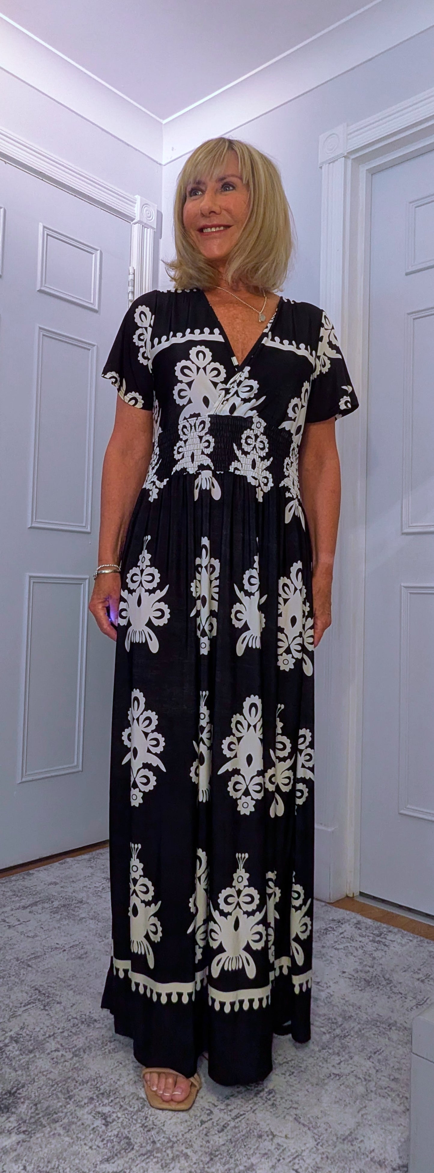 Elissa Dress Soft Jersey in  Bold Print With Shirred Waist Black