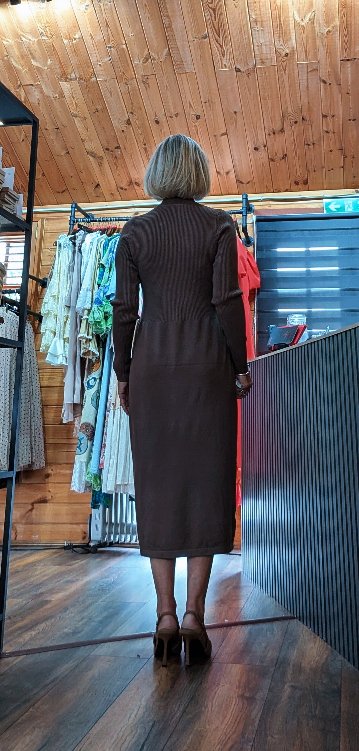 Chocolate knitted dress for women UK 8–14 rear view