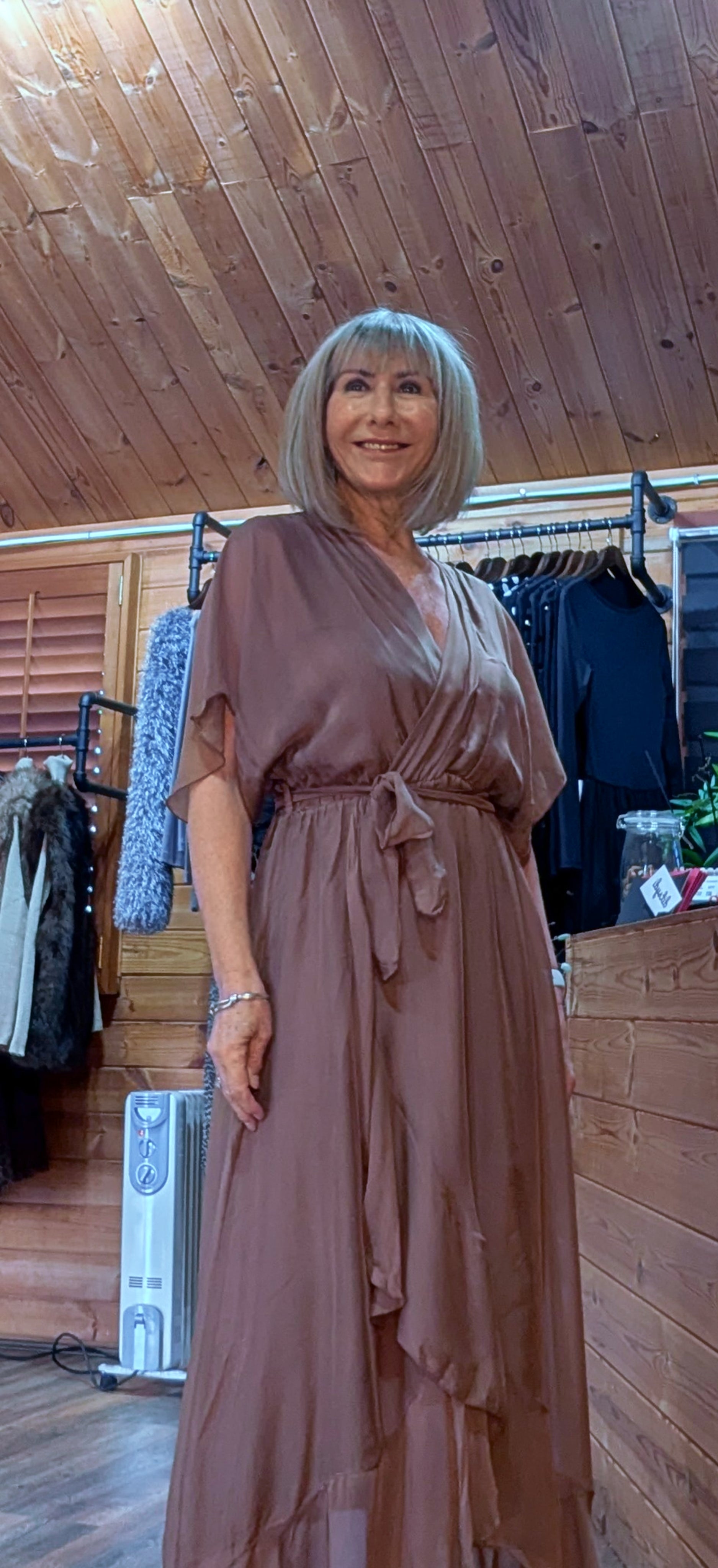Elaine Silk Midi Wrap Dress with Tie Belt in  Chocolate