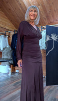 Aspen Ruched Dress – Autumnal Rust with Drop Waist & Slash Neck