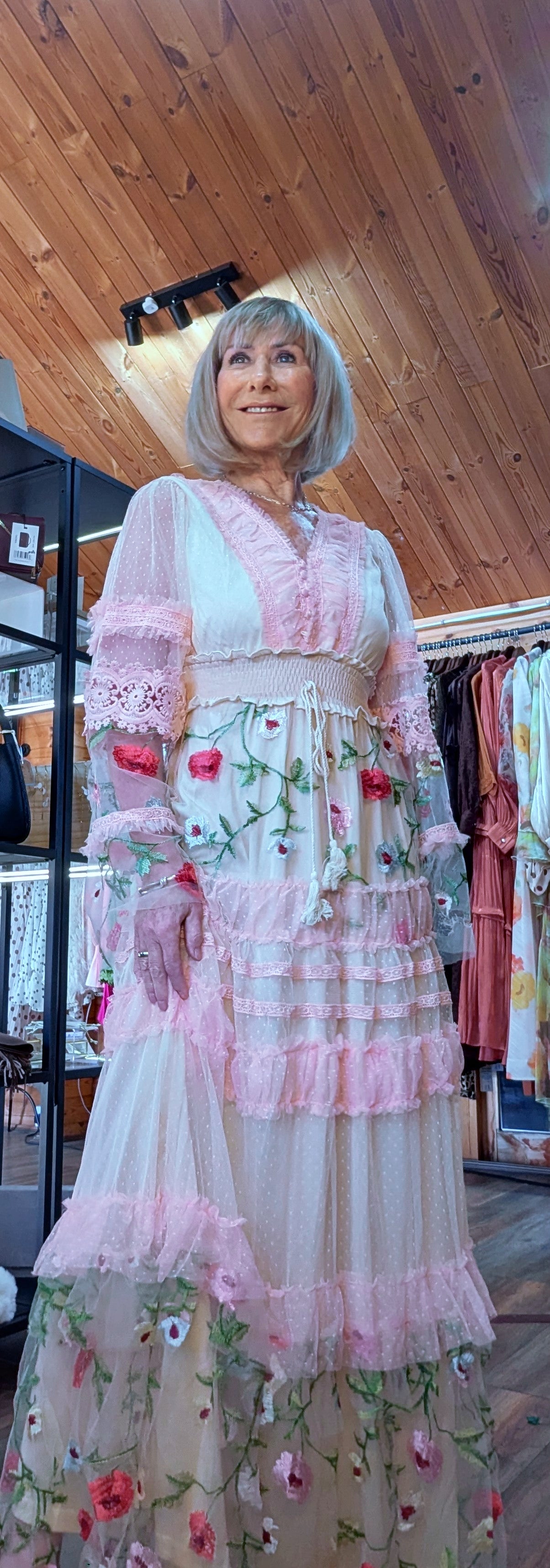 Stella Lace Bohemian Dress With Sheer Long Sleeves and Embroidery