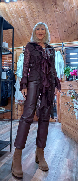 Vixen Chocolate Lace Blouse – Satin Ruffle Detail & Flared Sleeves