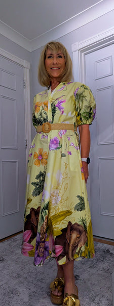 Aoife Midi Dress – Lemon Shirt Dress with Elephant & Bold Floral Print