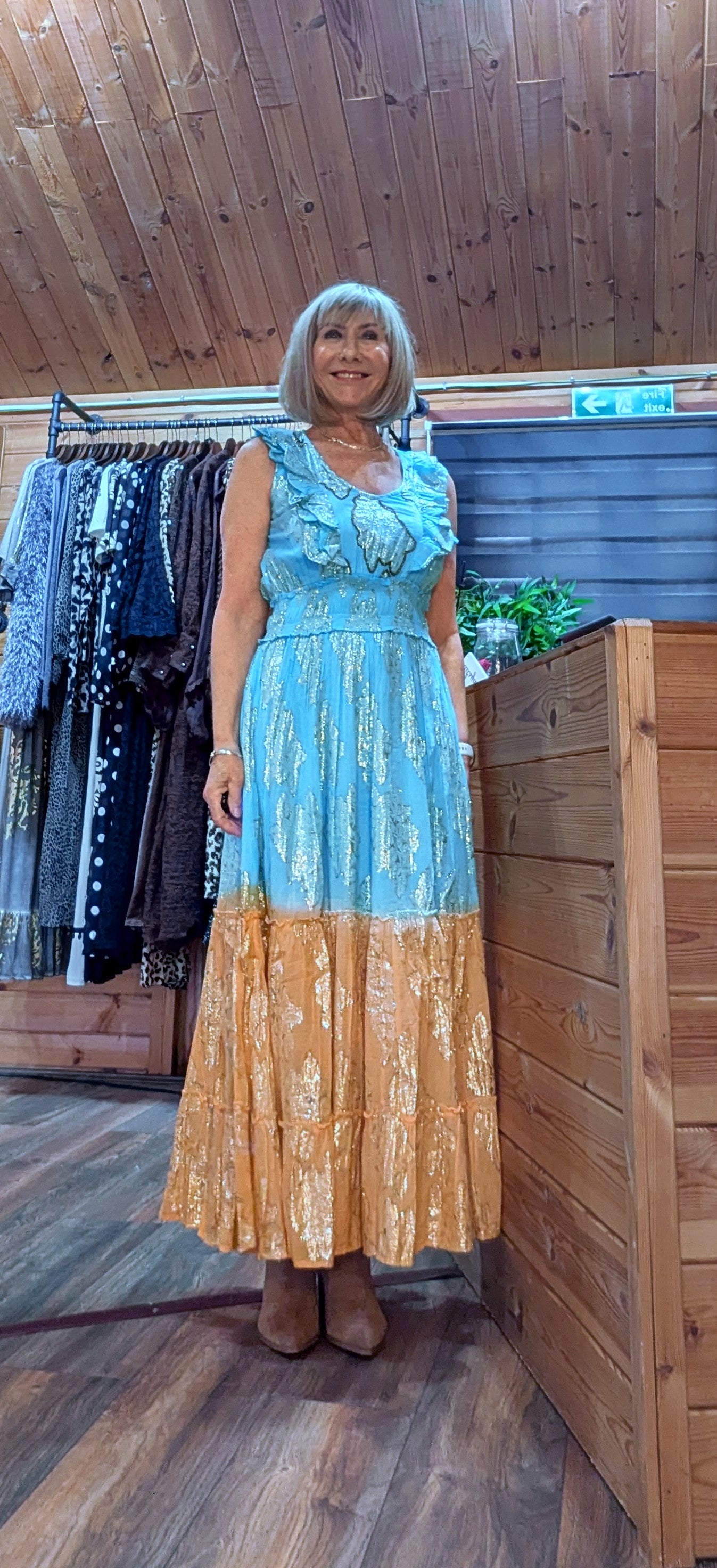 Gianna Boho Maxi Embossed  Dress Turquoise Or  Gold
