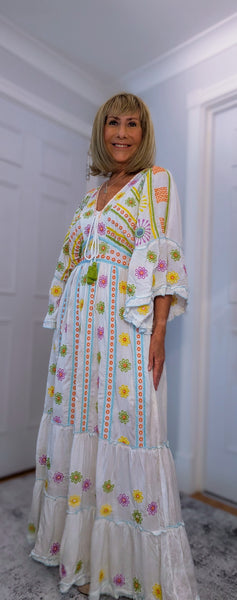 Julia White Bohemian Dress with Floral Embroidery