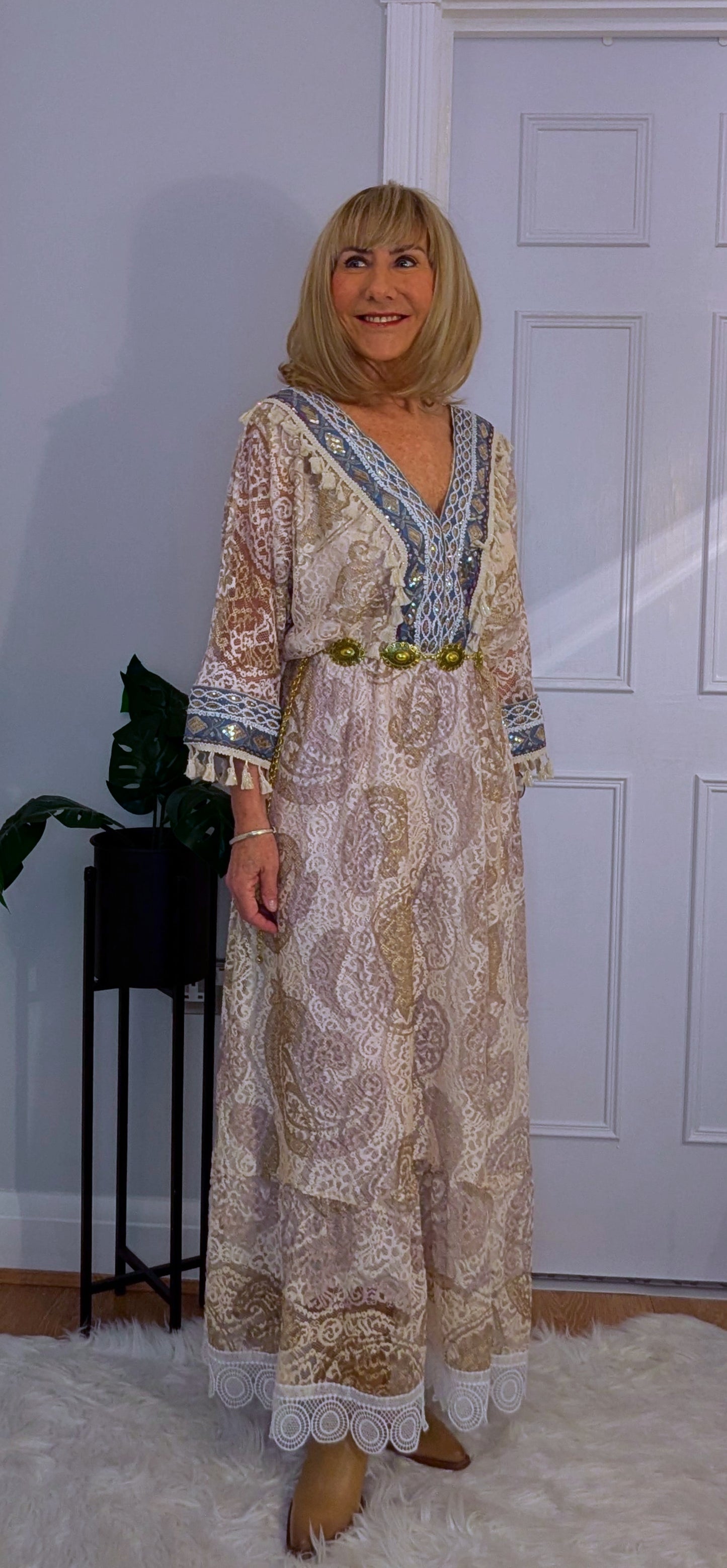 Lucy  Lace Bohemian Maxi Dress in Soft Beige with Navy Embroidery